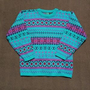 Extra Knit Sweater Mens XS Teal Pink Purple Geometric Aztec Vintage 90s Crewneck
